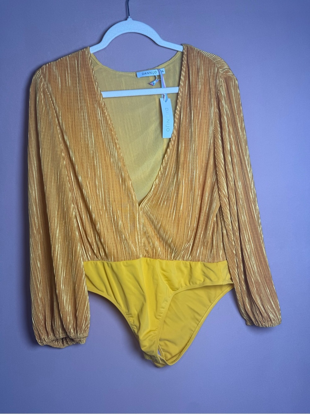 DANNIJO Metallic Gold Yellow Pleated Mesh Fabric Bodysuit Size XL NWT